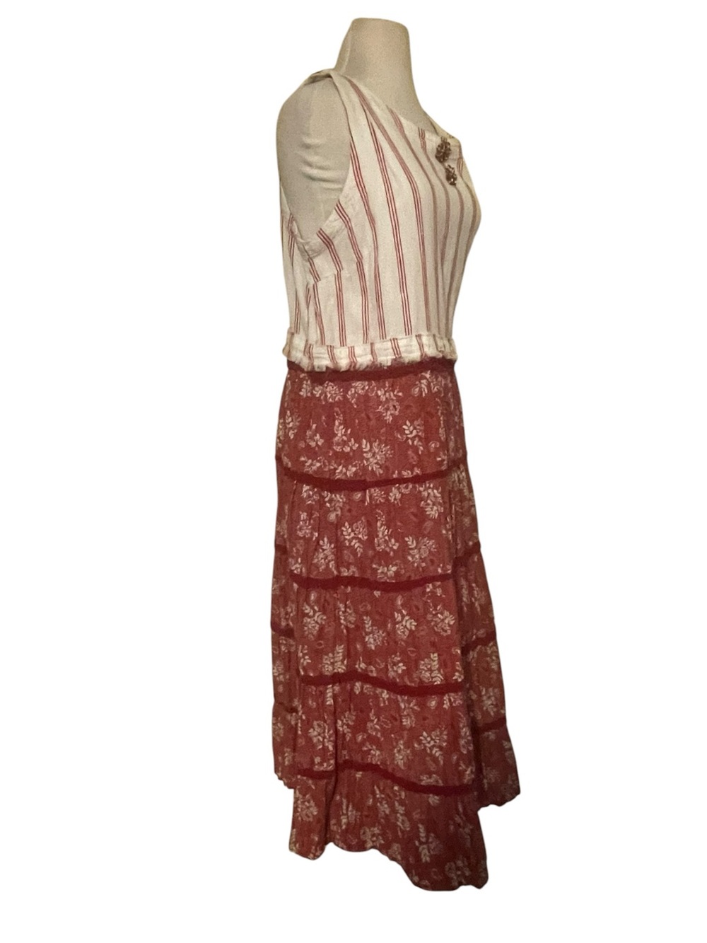 Laugh Bespoke Vintage Upcycled Boho Tiered Red White Maxi Dress Womens XXL - Picture 5 of 15